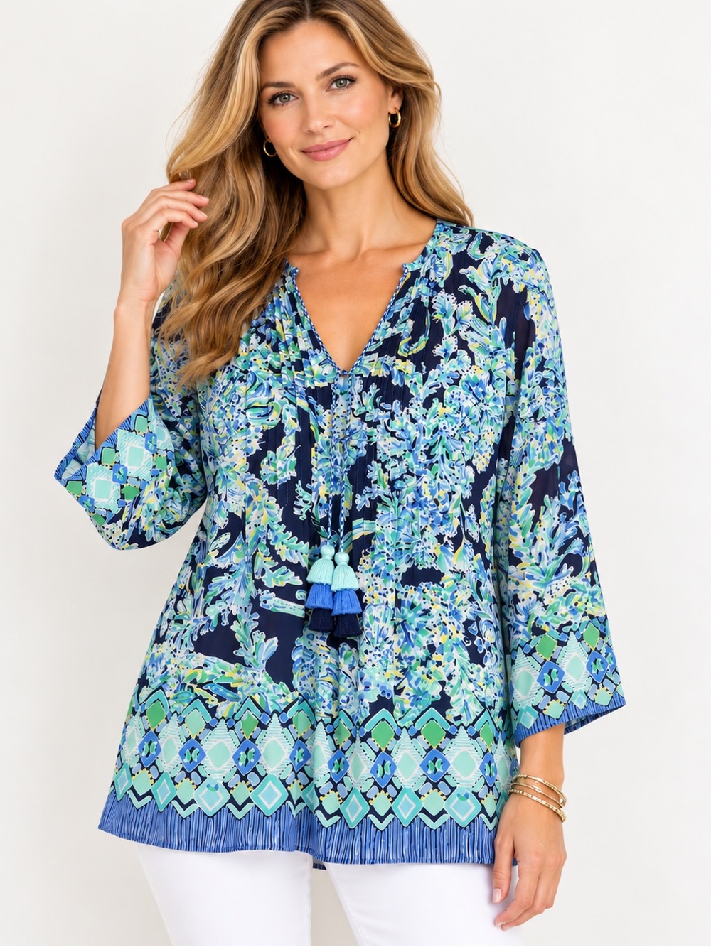 Lilly Pulitzer Navy Blue Floral Tassel V-Neck Tunic